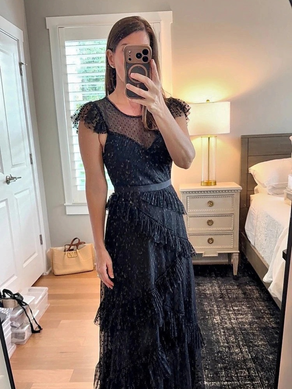 BGBG Printed Dot Tulle Ruffle Gown Black